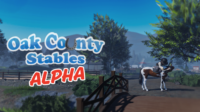 A player riding a pinto horse across a wooden bridge in the countryside world of Oak County Stables, with the game logo in the foreground.