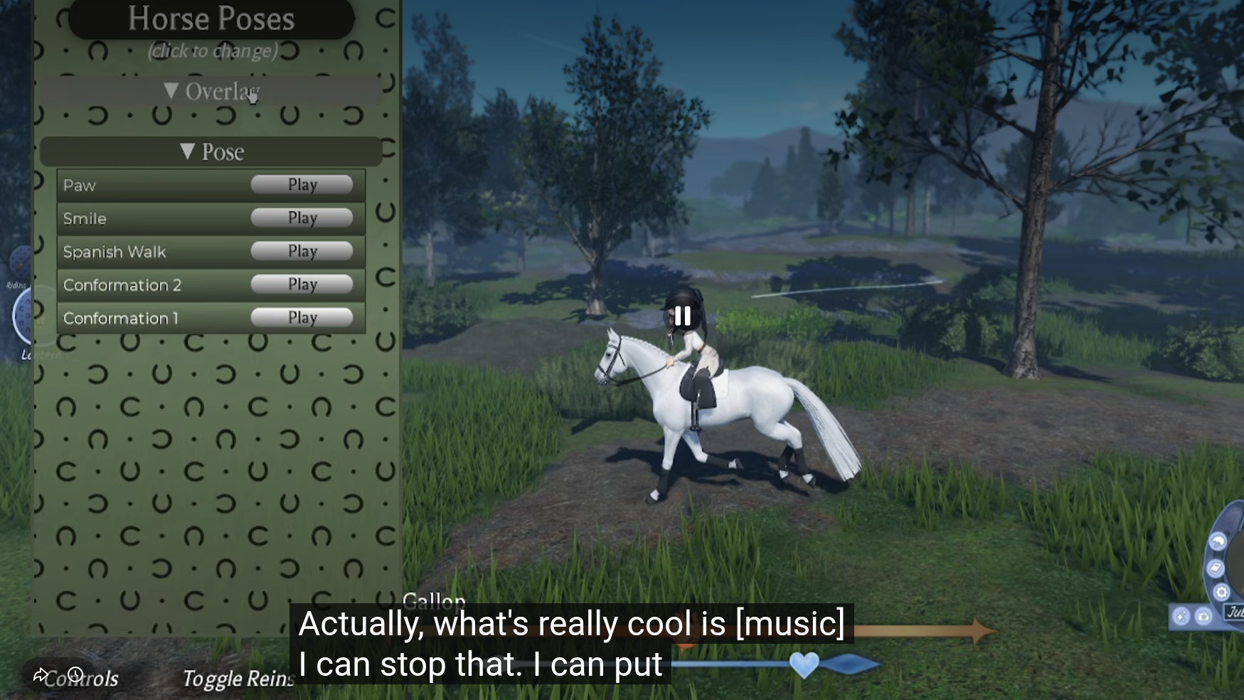 The Horse Poses menu open while riding outdoors in Oak County Stables, listing Paw, Smile, Spanish Walk and Conformation poses
