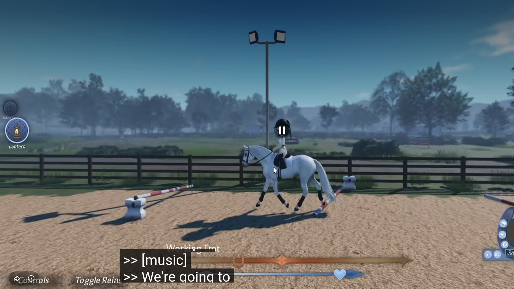 A rider trotting a white horse over ground poles in Jubilee Arena with the Working Trot gait gauge shown in Oak County Stables