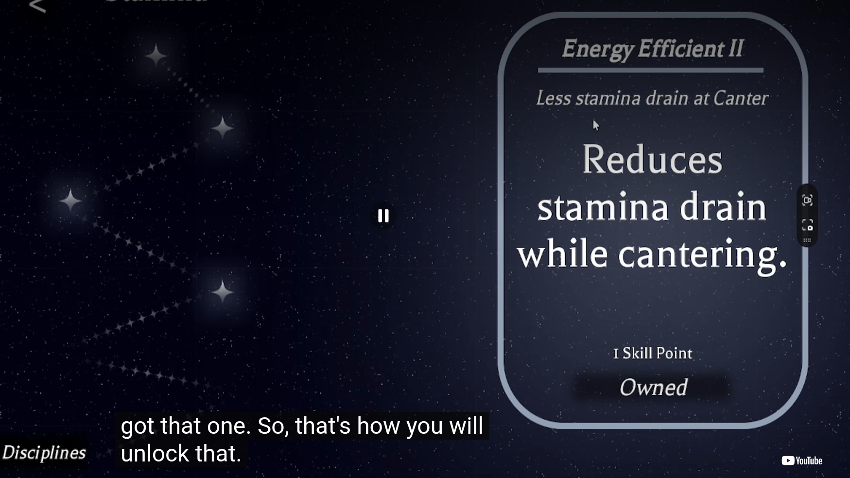 The Stamina skill tree in Oak County Stables showing the Energy Efficient II node, which reduces stamina drain while cantering
