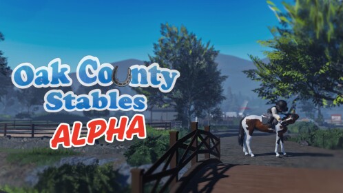 Oak County Stables alpha artwork showing a player riding a horse across a wooden bridge past fenced paddocks